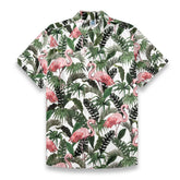 Flamingo under Hawaiian style printed shirt