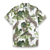 Hawaiian style watercolor leopard print shirt with palm tree print