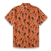 Bold Black Skull Print on Sunset Orange “Midnight Tiki” Hawaiian Shirt