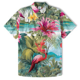 Colorful Flamingo Palm Leaf Hawaiian Shirt, Vintage Aloha Shirt, Island Vacation Wear - The Palmix