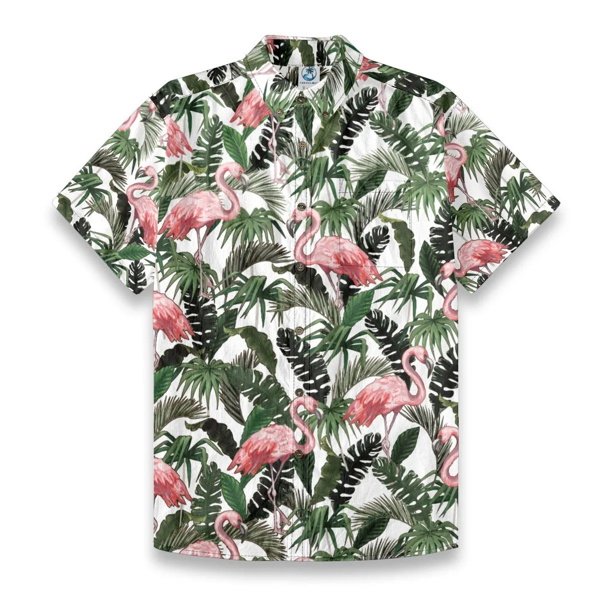 Flamingo under Hawaiian style printed shirt