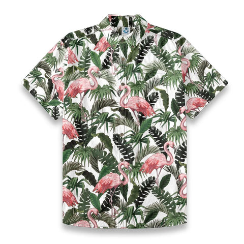 Flamingo under Hawaiian style printed shirt