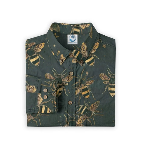 Green Bee – Dark Green Gold Bee Hand-painted Art Retro Long-sleeve shirt
