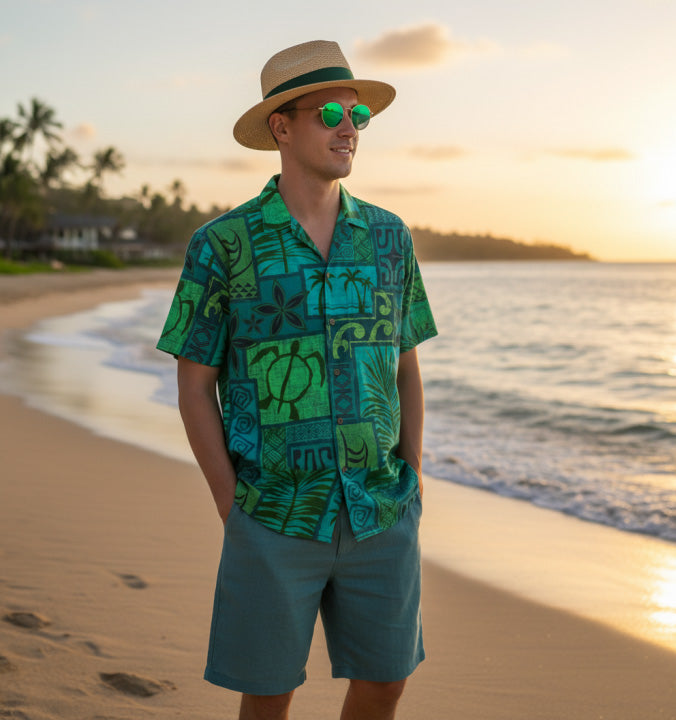 Hawaiian Tribal Volume Tiki Aloha Vintage Line Turtle Print Shirt