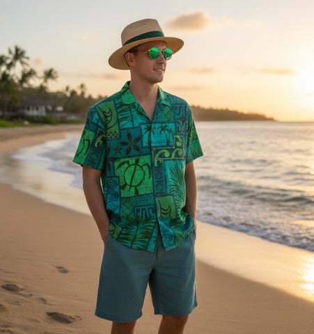 Hawaiian Tribal Volume Tiki Aloha Vintage Line Turtle Print Shirt