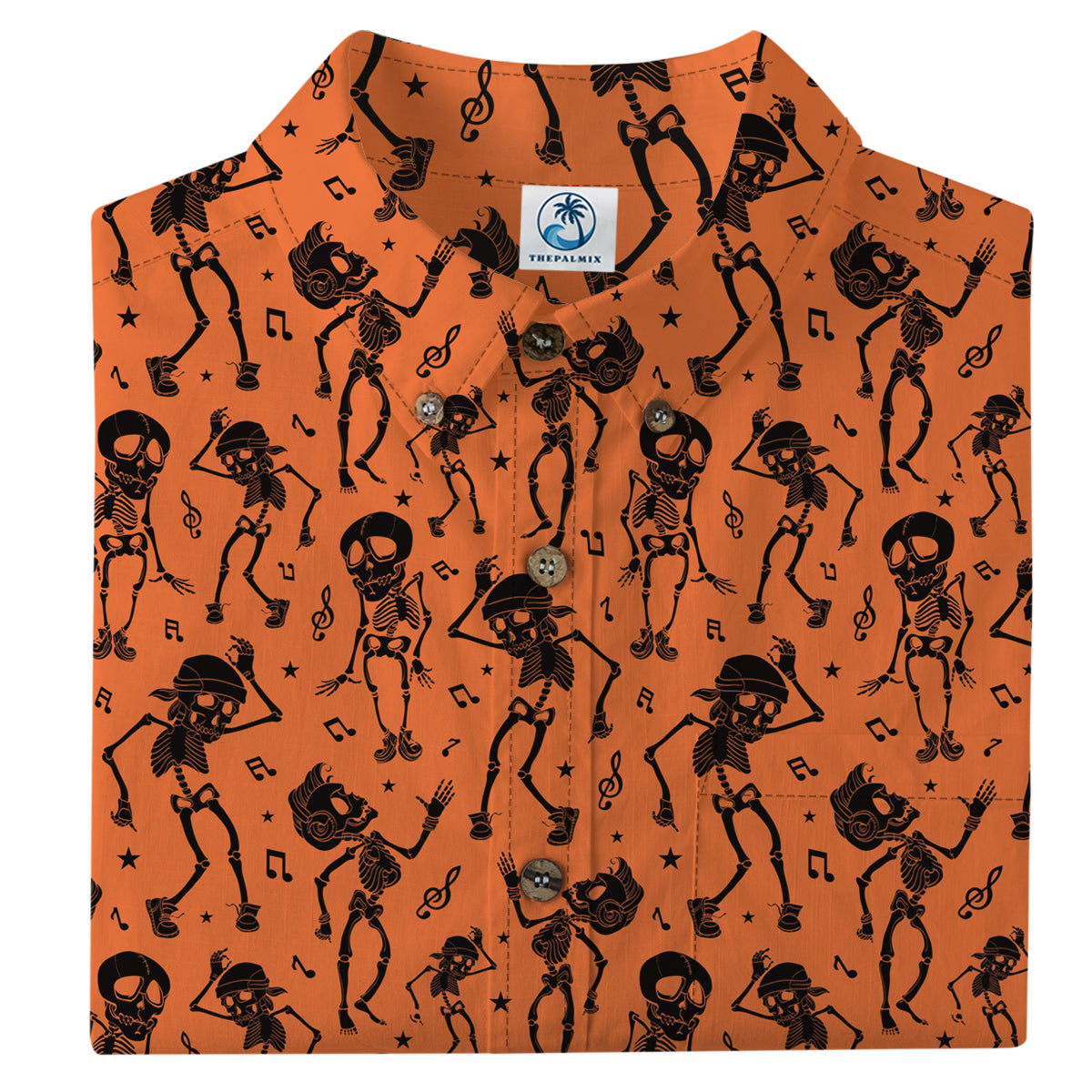 Bold Black Skull Print on Sunset Orange “Midnight Tiki” Hawaiian Shirt