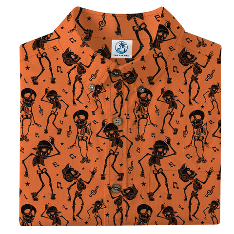 Bold Black Skull Print on Sunset Orange “Midnight Tiki” Hawaiian Shirt