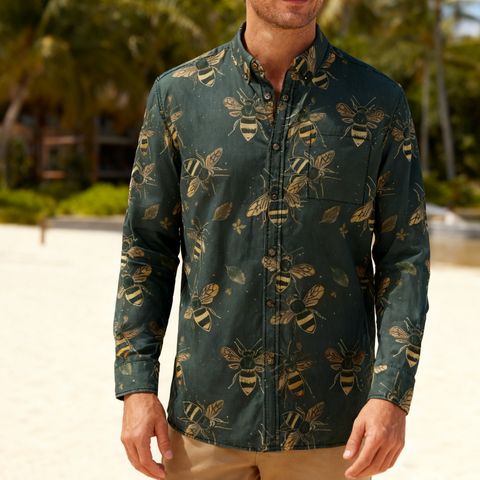 Green Bee – Dark Green Gold Bee Hand-painted Art Retro Long-sleeve shirt