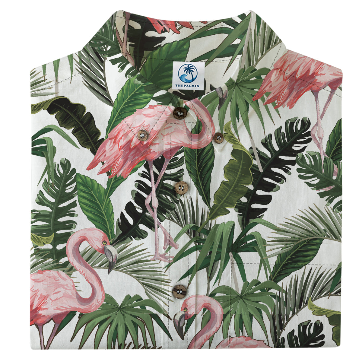 Flamingo under Hawaiian style printed shirt