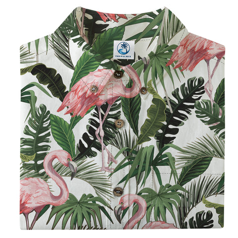 Flamingo under Hawaiian style printed shirt