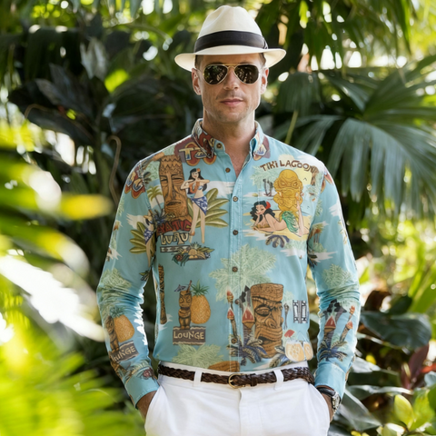 Hawaiian Vintage Pictorial TIKI Island Print Shirt