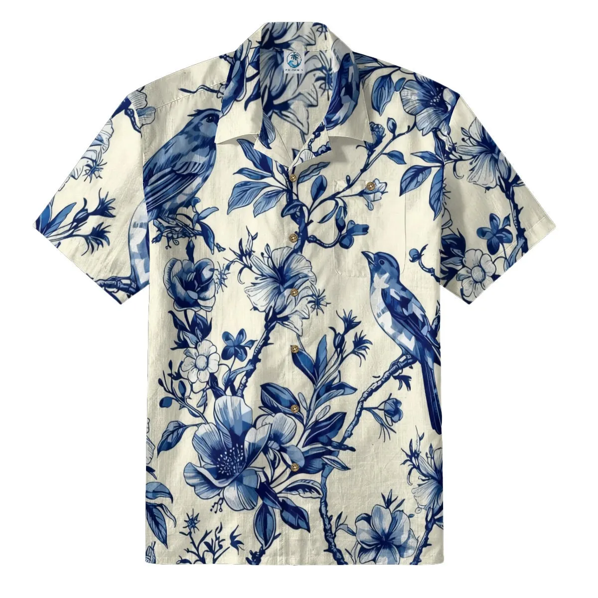 Blue & White Chinoiserie Bird Floral Hawaiian Shirt