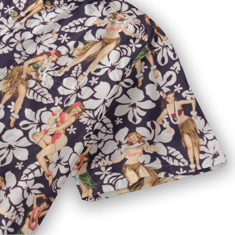 Midnight Tiki – Navy Blue Hibiscus & Tiki Goddess Shirt