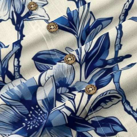 Blue & White Chinoiserie Bird Floral Hawaiian Shirt
