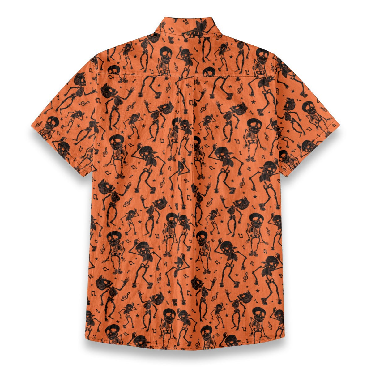 Bold Black Skull Print on Sunset Orange “Midnight Tiki” Hawaiian Shirt