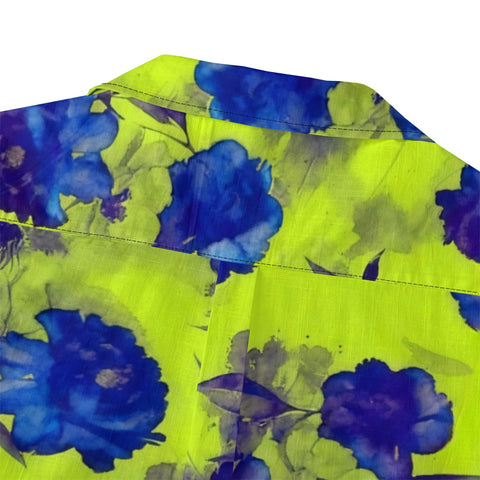 Neon Lime & Bold Blue Watercolor Floral Hawaiian Shirt