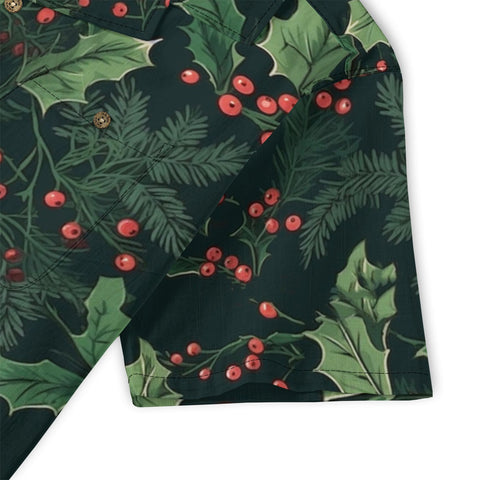 Dark Green Holly & Berry Hawaiian Shirt