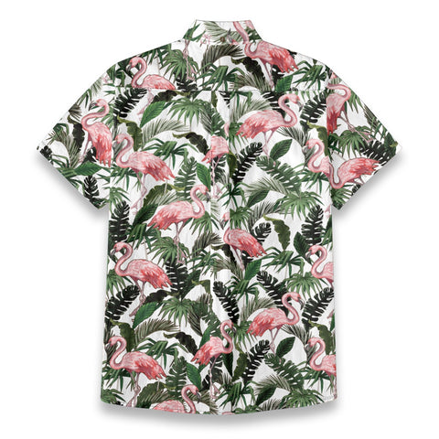Flamingo under Hawaiian style printed shirt