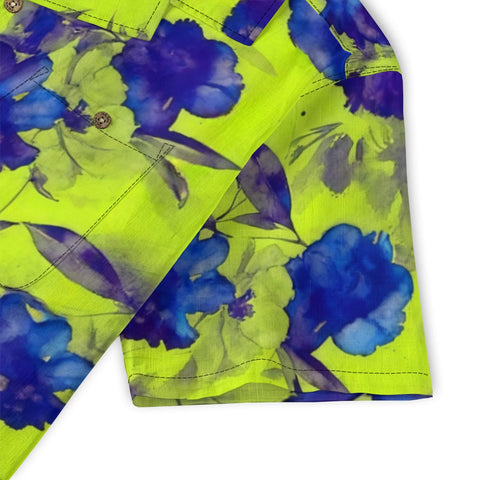 Neon Lime & Bold Blue Watercolor Floral Hawaiian Shirt