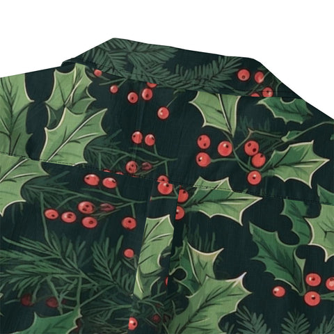 Dark Green Holly & Berry Hawaiian Shirt