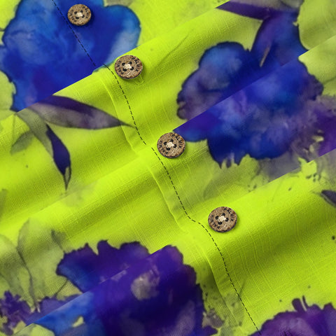 Neon Lime & Bold Blue Watercolor Floral Hawaiian Shirt
