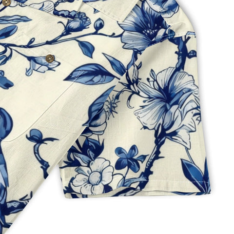 Blue & White Chinoiserie Bird Floral Hawaiian Shirt