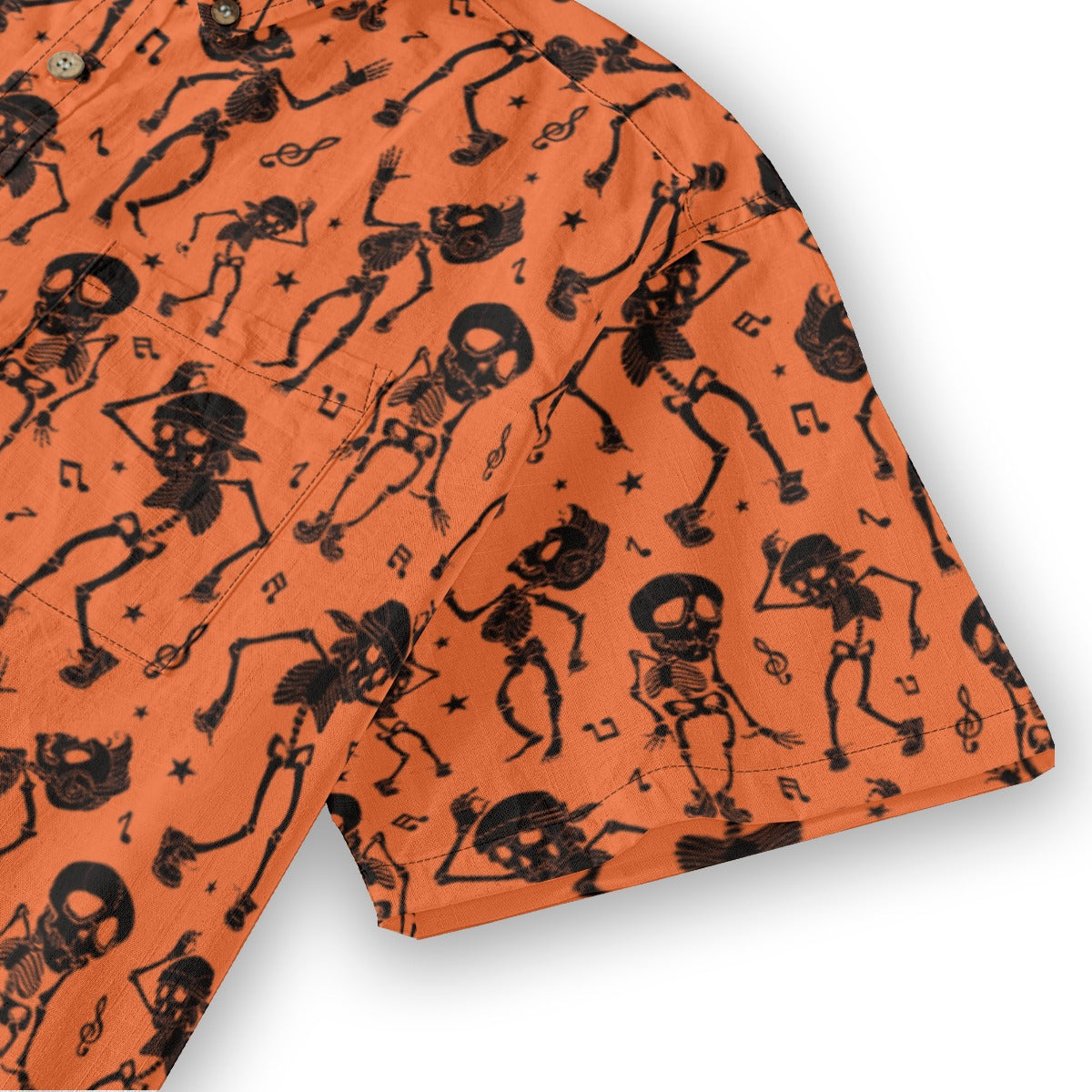 Bold Black Skull Print on Sunset Orange “Midnight Tiki” Hawaiian Shirt