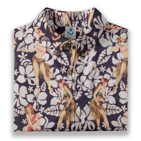 Midnight Tiki – Navy Blue Hibiscus & Tiki Goddess Shirt