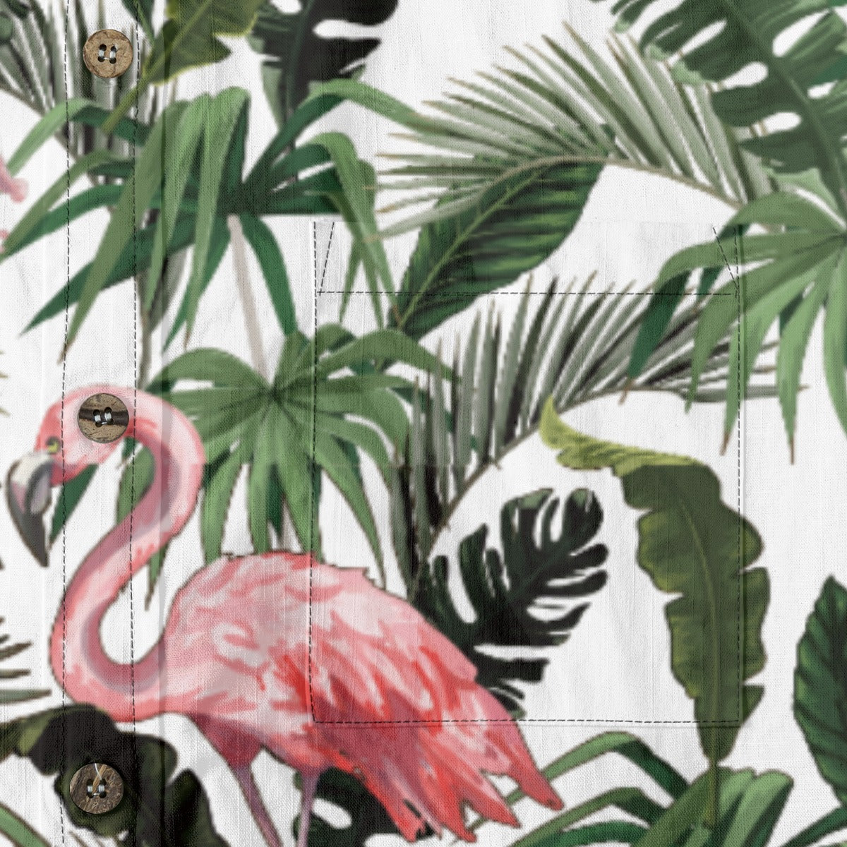 Flamingo under Hawaiian style printed shirt