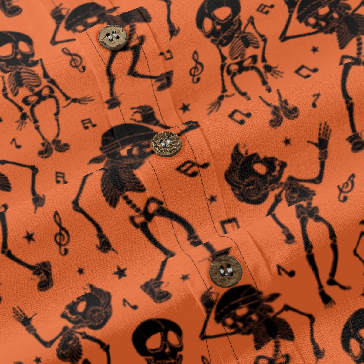 Bold Black Skull Print on Sunset Orange “Midnight Tiki” Hawaiian Shirt