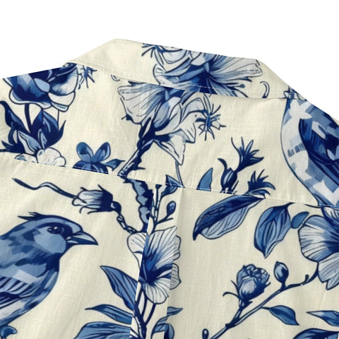 Blue & White Chinoiserie Bird Floral Hawaiian Shirt