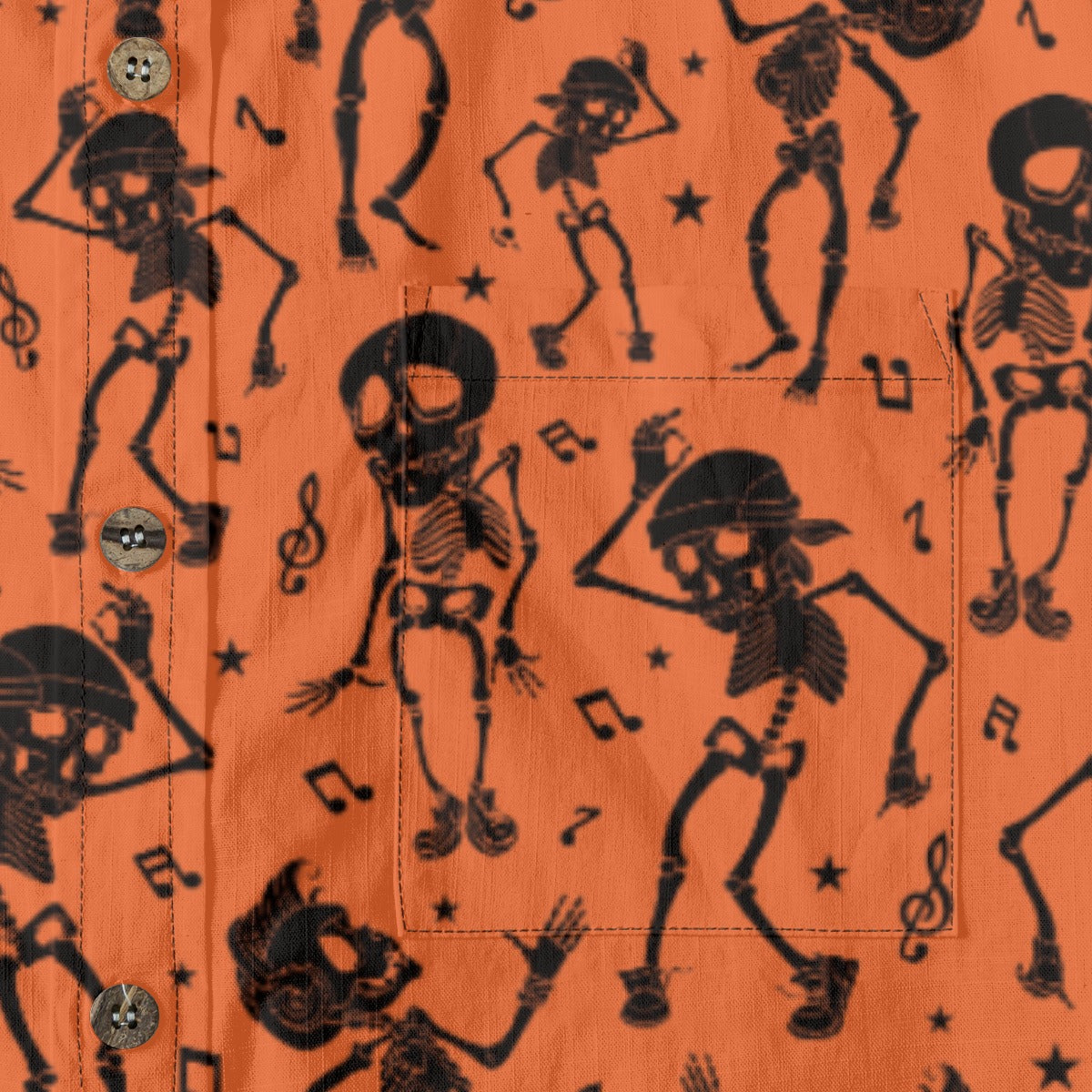 Bold Black Skull Print on Sunset Orange “Midnight Tiki” Hawaiian Shirt