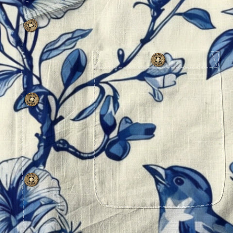 Blue & White Chinoiserie Bird Floral Hawaiian Shirt
