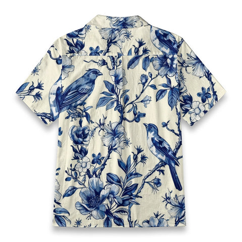 Blue & White Chinoiserie Bird Floral Hawaiian Shirt
