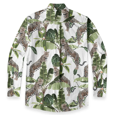 Hawaiian style watercolor leopard print shirt with palm tree print