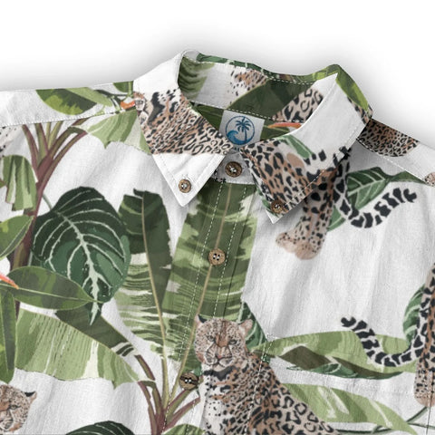 Hawaiian style watercolor leopard print shirt with palm tree print