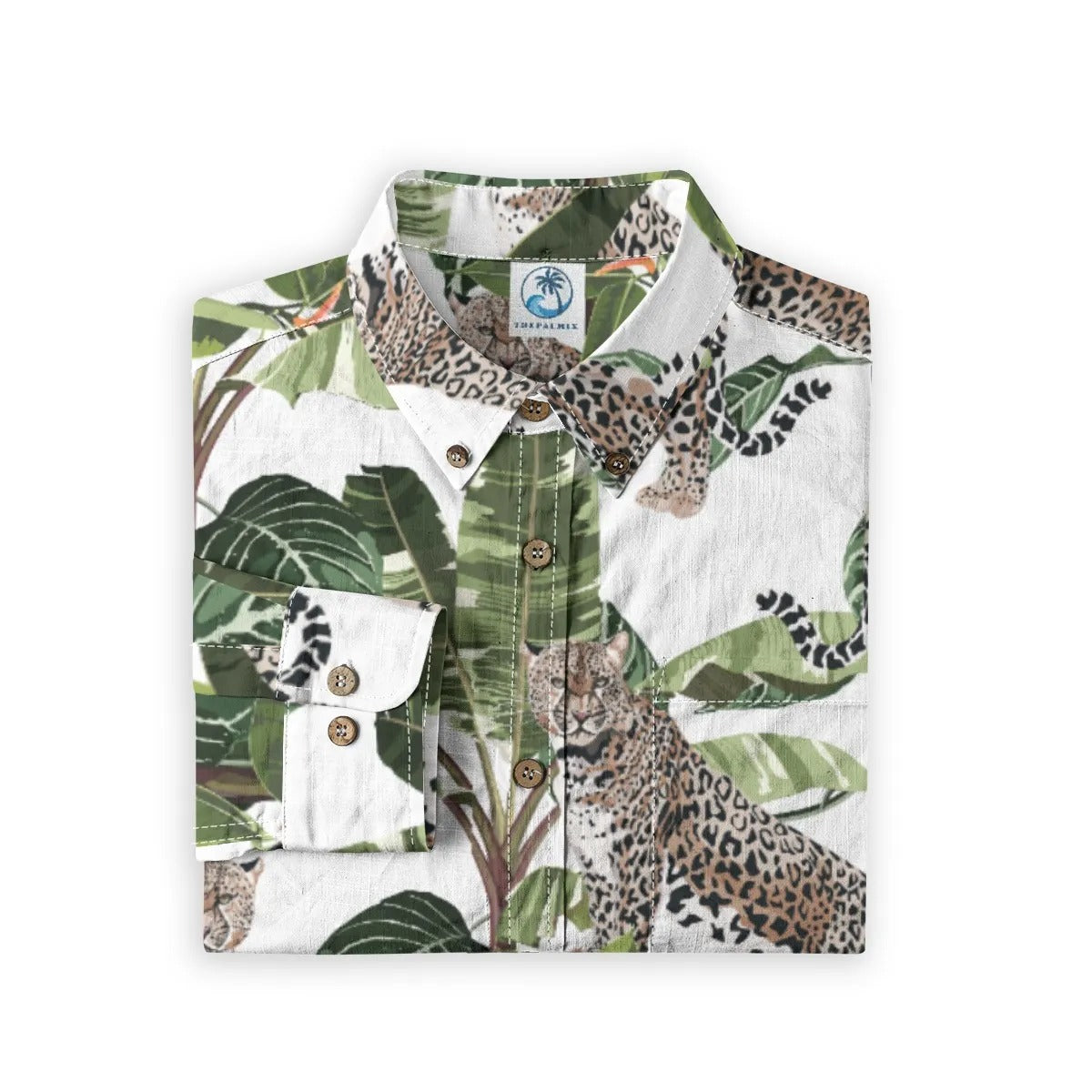 Hawaiian style watercolor leopard print shirt with palm tree print
