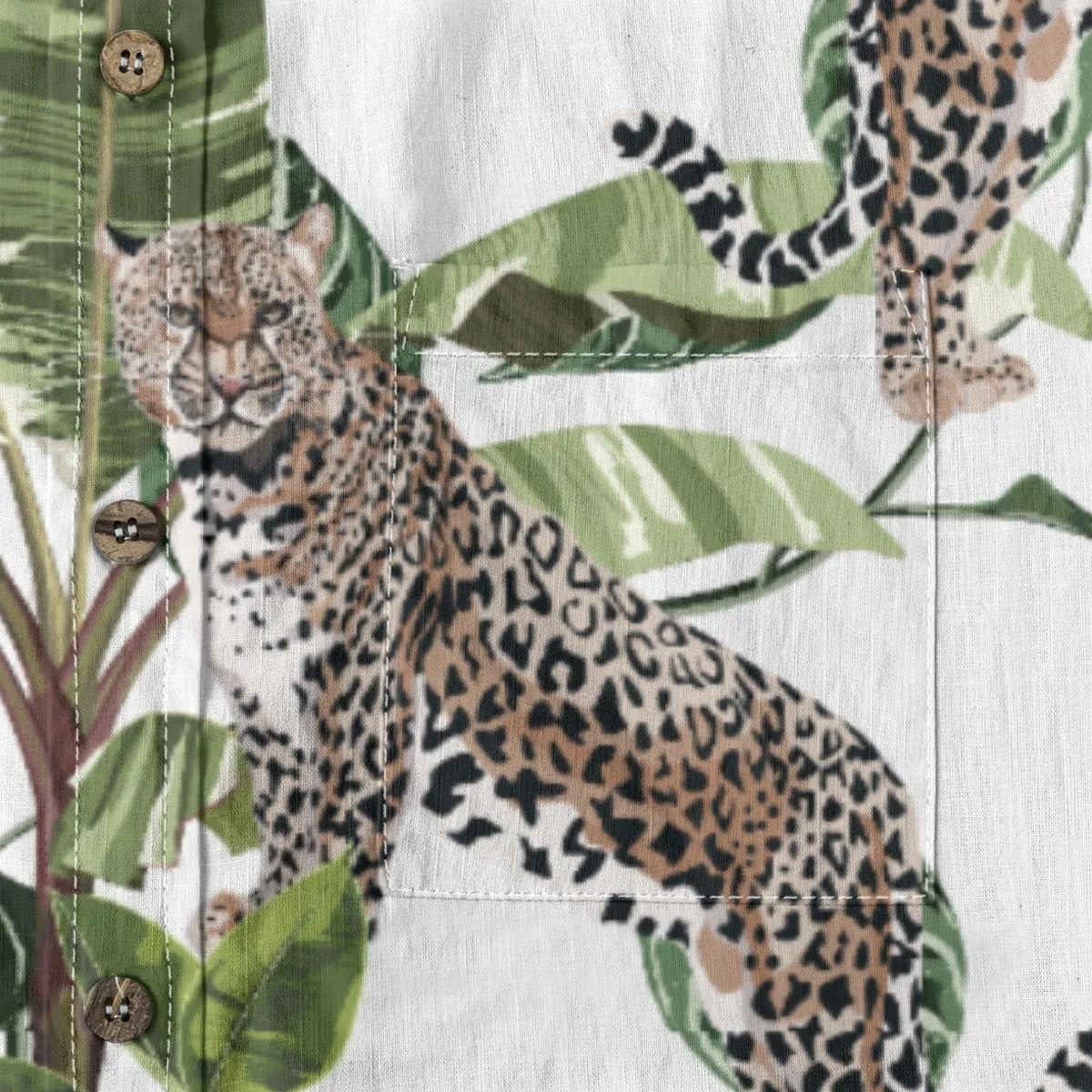 Hawaiian style watercolor leopard print shirt with palm tree print