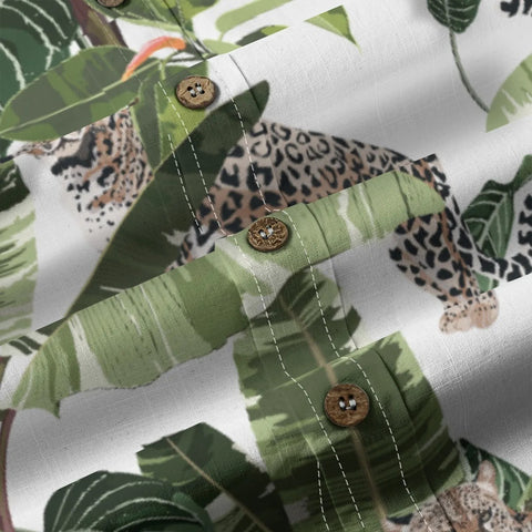 Hawaiian style watercolor leopard print shirt with palm tree print