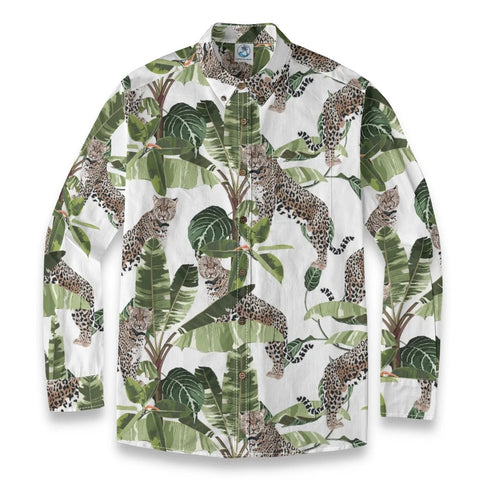 Hawaiian style watercolor leopard print shirt with palm tree print