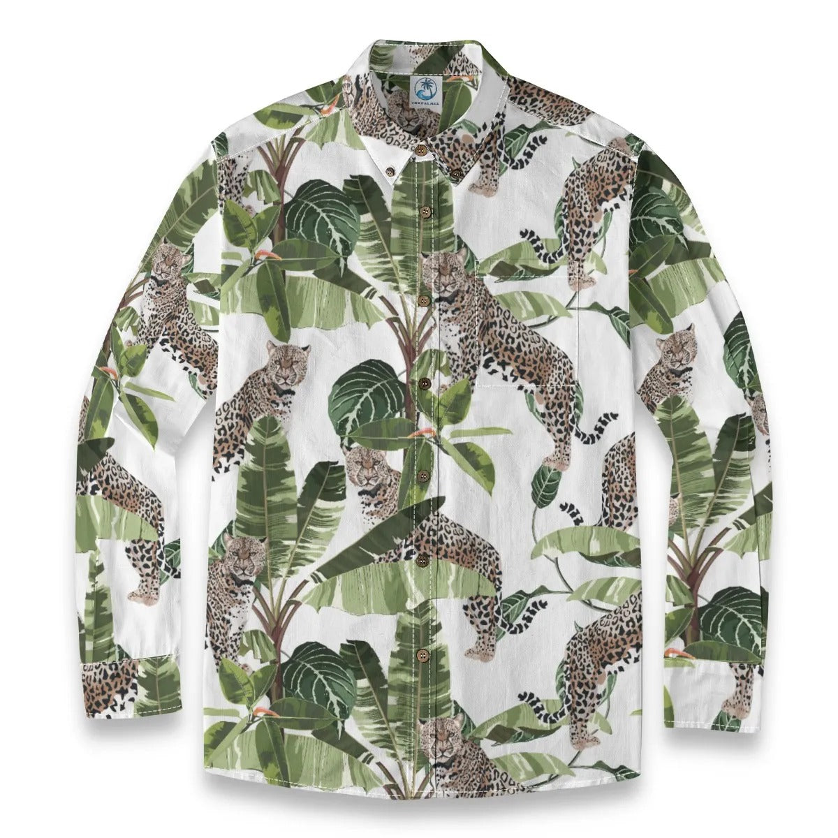 Hawaiian style watercolor leopard print shirt with palm tree print