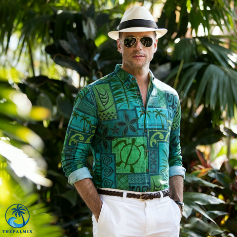 Hawaiian Tribal Volume Tiki Aloha Vintage Line Turtle Print Shirt