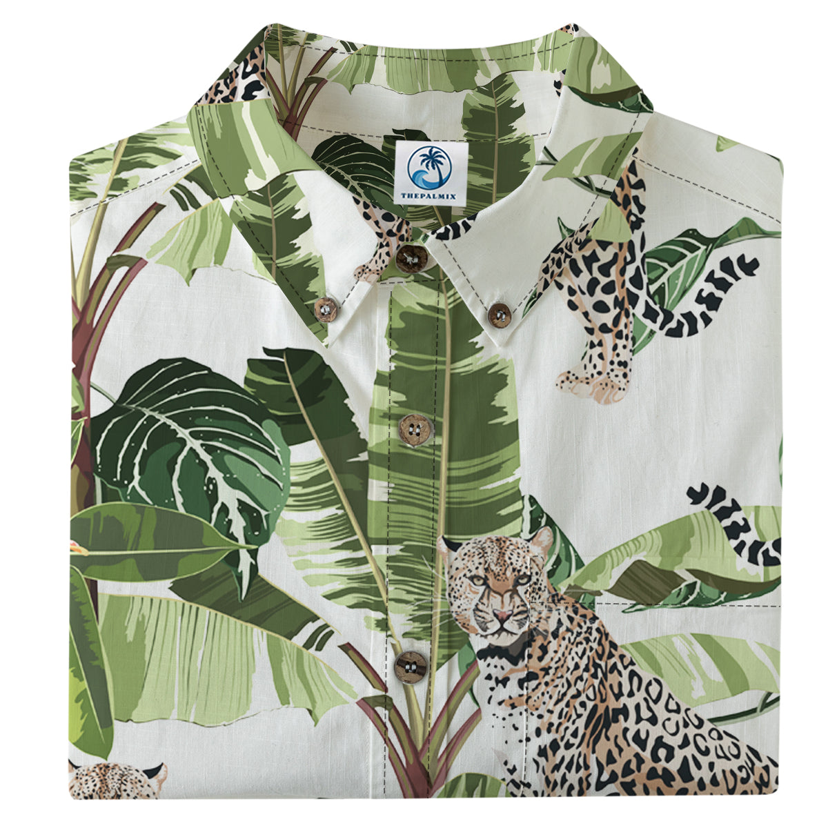 Hawaiian style watercolor leopard print shirt with palm tree print