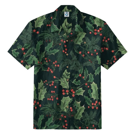 Dark Green Holly & Berry Hawaiian Shirt