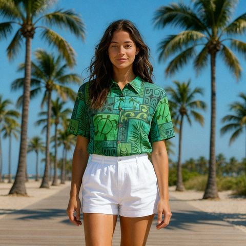 Hawaiian Tribal Volume Tiki Aloha Vintage Line Turtle Print Shirt