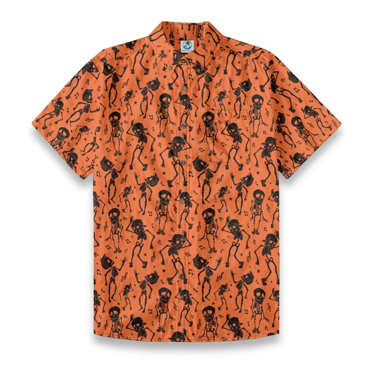 Bold Black Skull Print on Sunset Orange “Midnight Tiki” Hawaiian Shirt