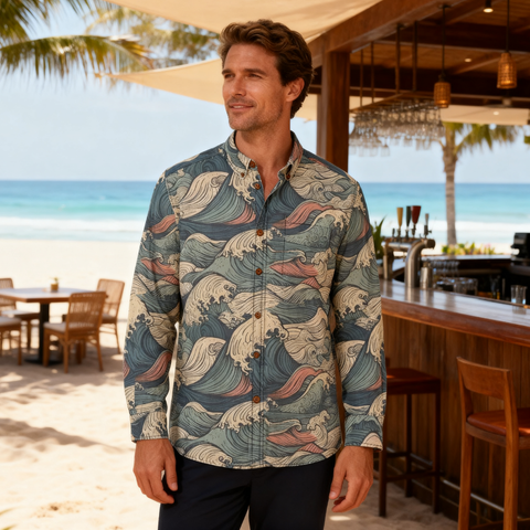 Ocean Surge – Vintage Wave Print  long-sleeve shirt