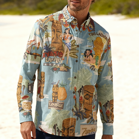 Hawaiian Vintage Pictorial TIKI Island Print Shirt