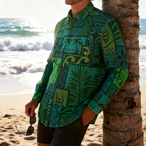 Hawaiian Tribal Volume Tiki Aloha Vintage Line Turtle Print Shirt