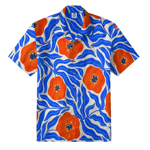 Orange Poppy & Blue Wave Hawaiian Shirt